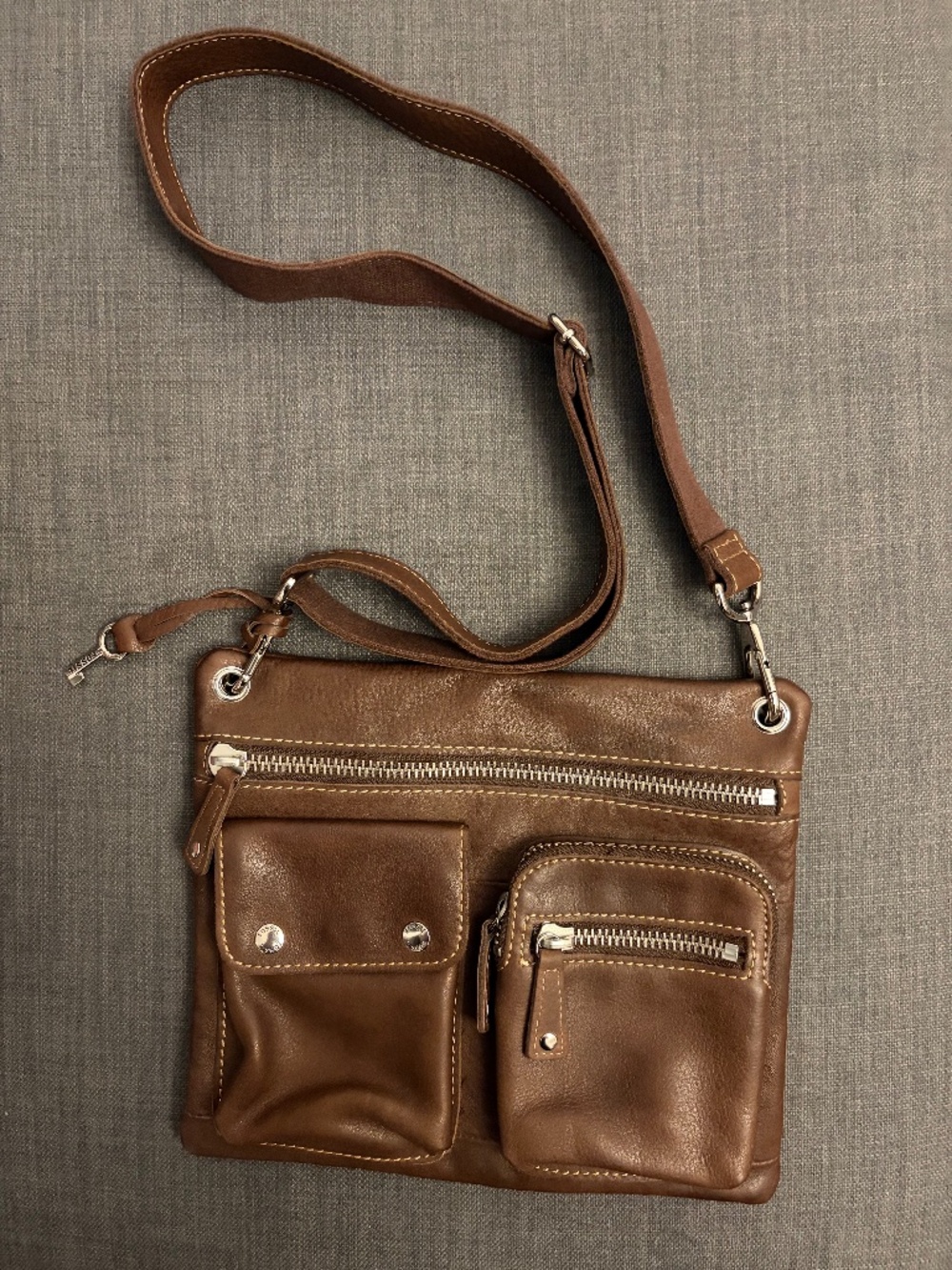 FOSSIL Brown Pebbled Leather Crossbody Bag - Multi-Pocket Utility Purse